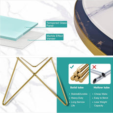 HLR® Modern Round Side Table, End Table with Marble Effect Top and Gold Metal Frame