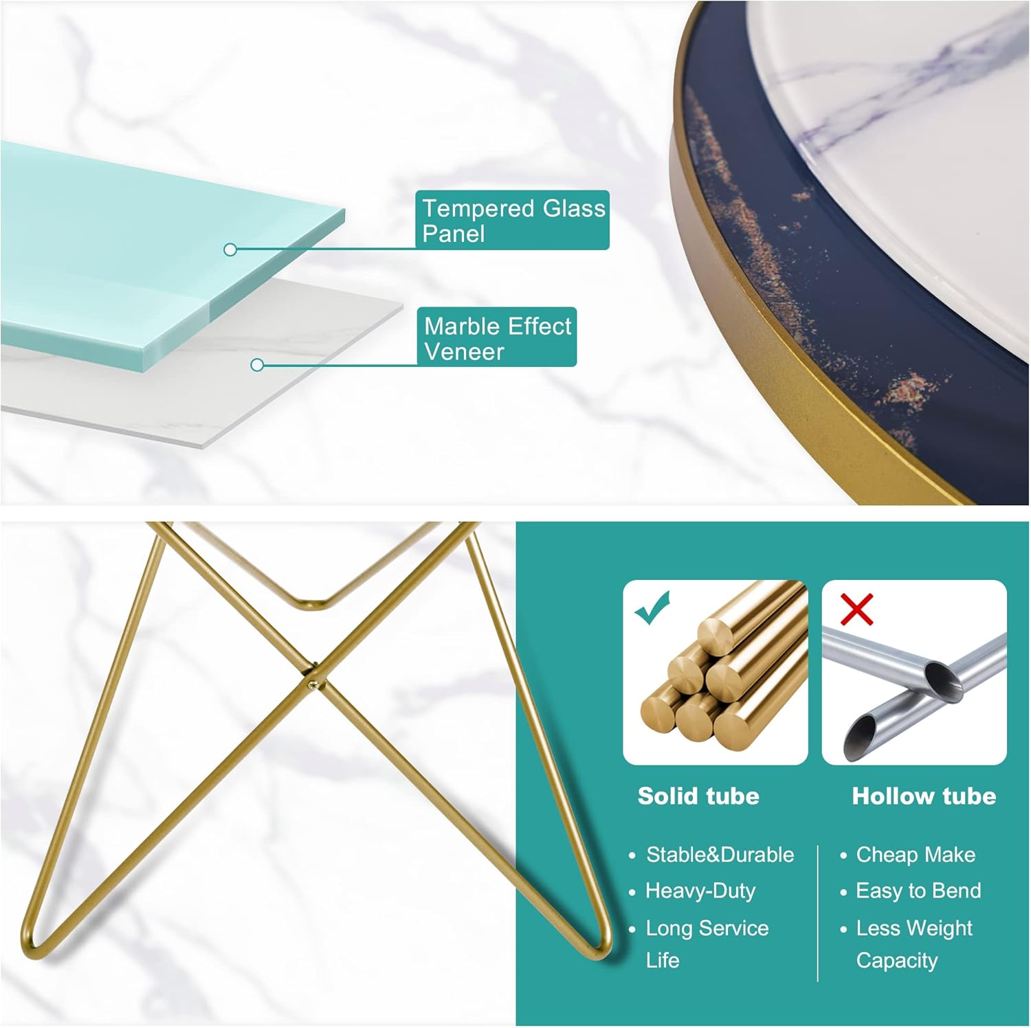 HLR® Modern Round Side Table, End Table with Marble Effect Top and Gold Metal Frame