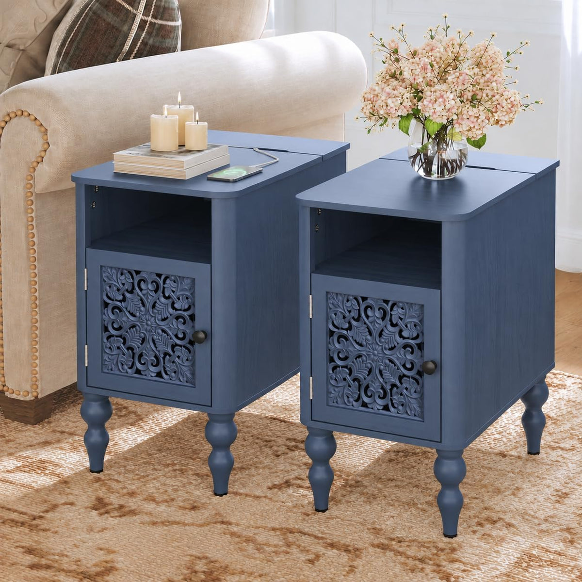 HLR Side Table Set of 2 with Charging Station & Curved Carved Door, 2-Pack