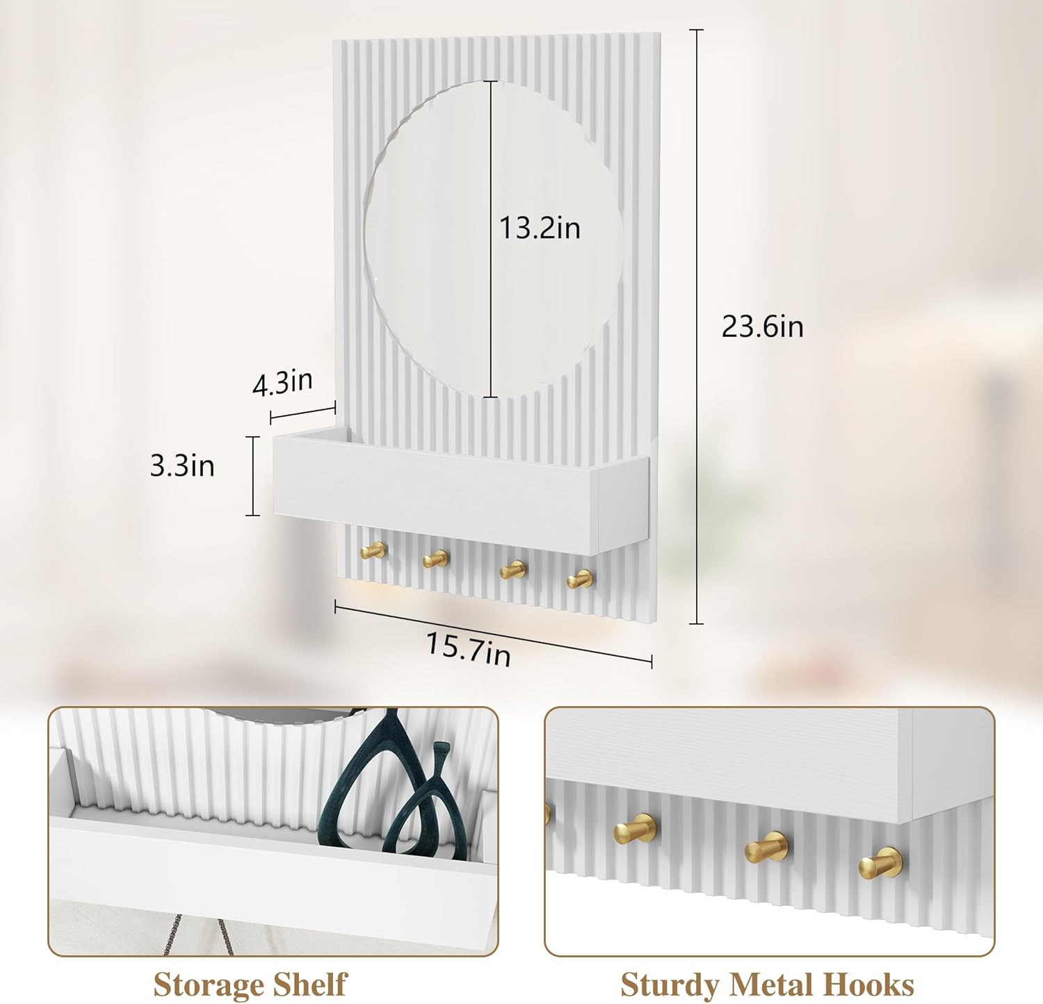 HLR® Wood Wall Mirror with Shelf&Hooks, 24"x16" White Wall-Mounted Mirrors