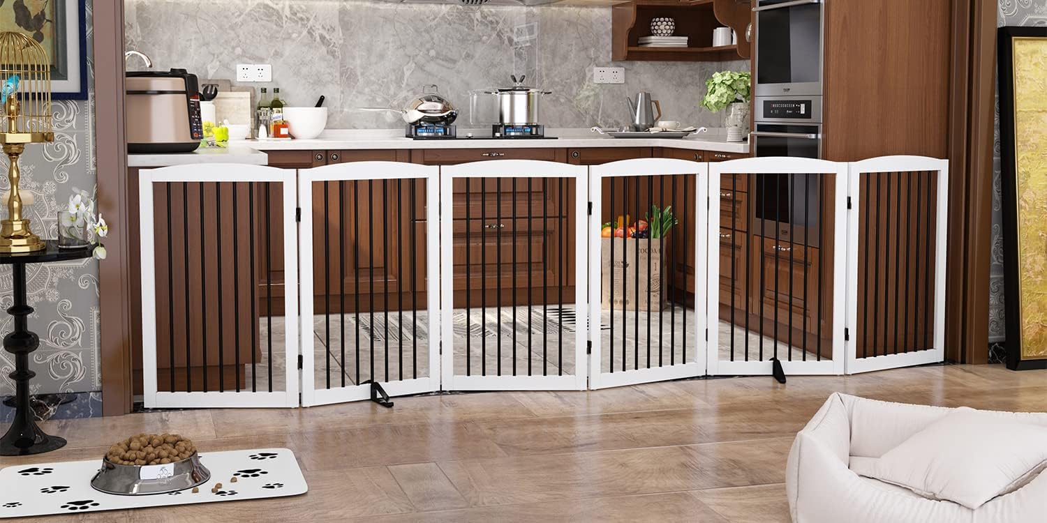 HLR® Freestanding Pet Gate for Dogs, Foldable Wooden Dog Gate, Indoor Pet Barrier for Stairs