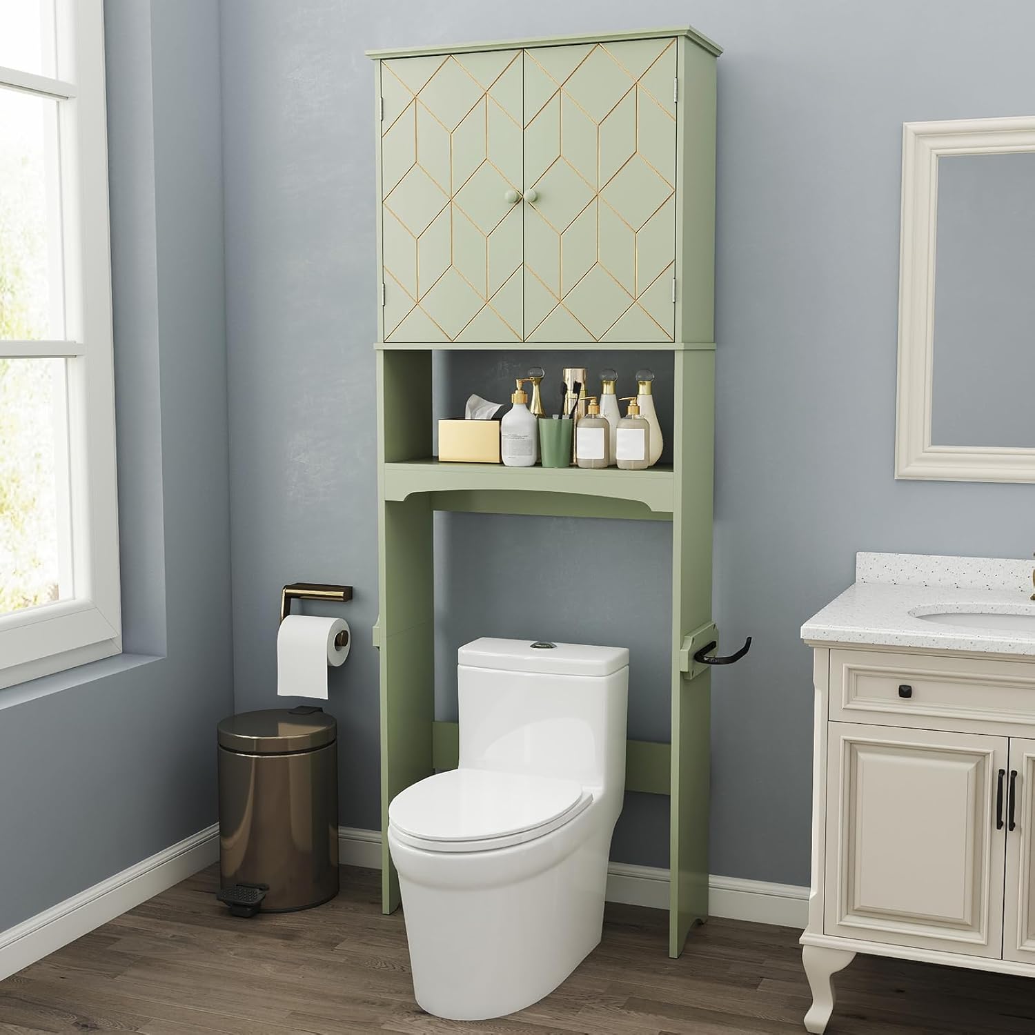 HLR® Over The Toilet Storage Cabinet with Gold Trim, Modern Bathroom Cabinet Over Toilet