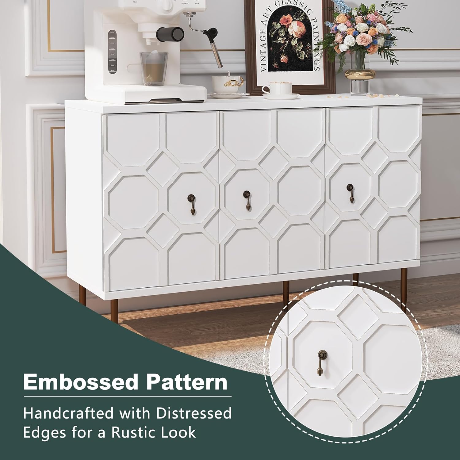 HLR® 47" White Sideboard Buffet Cabinet with Storage, 3 Decorative Embossed Pattern Doors
