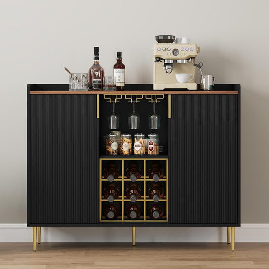 HLR® 48" Wine Bar Cabinet with Fluted Texture, Modern Buffet Sideboard with Wine Rack