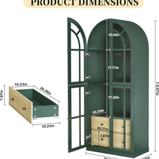 HLR® Arched Bookcase,71’’Tall Arched Cabinet with Glass Door Drawers and Shelves