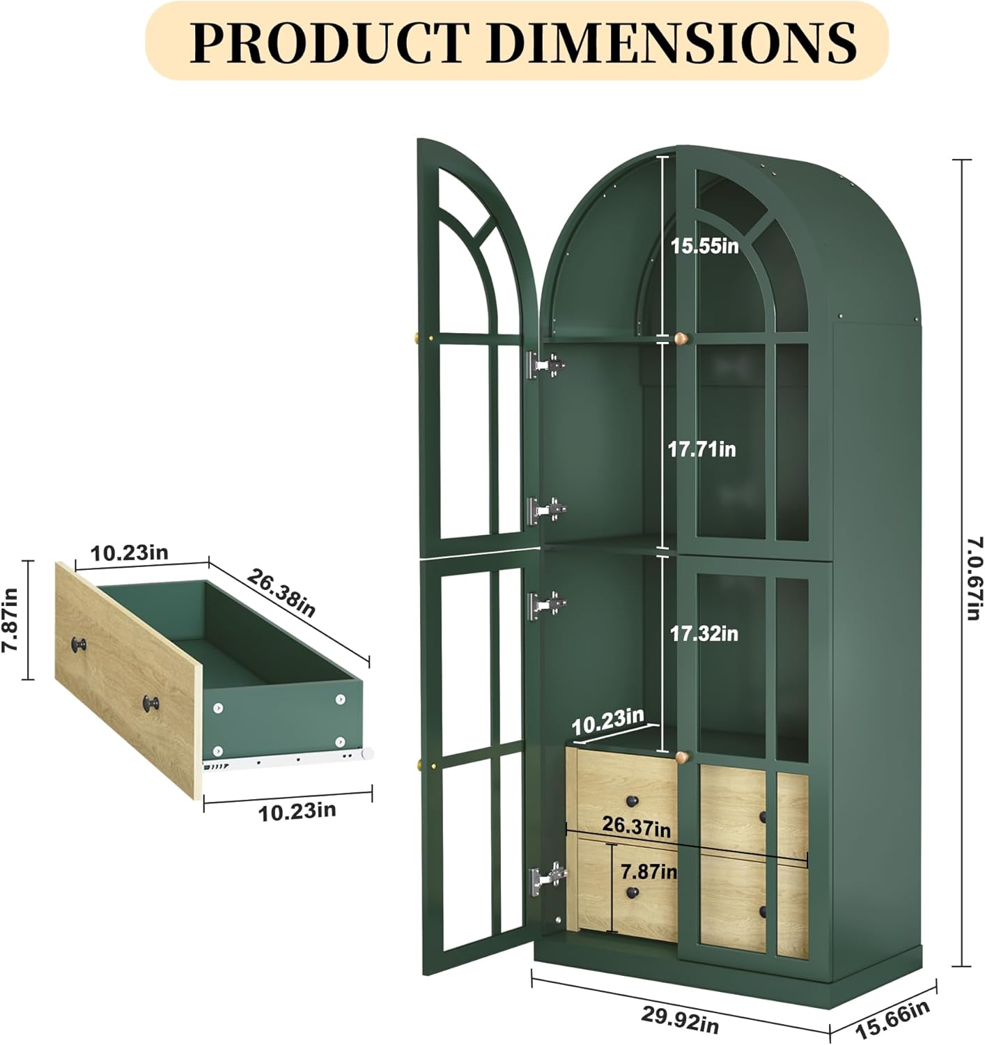 HLR® Arched Bookcase,71’’Tall Arched Cabinet with Glass Door Drawers and Shelves