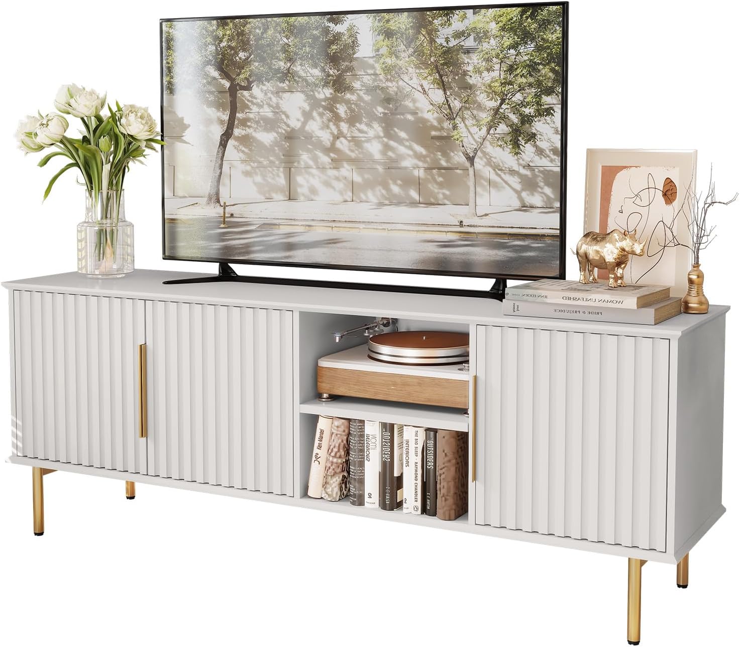 HLR® 66'' Modern TV Stand for 55/60/70 inch TV,Mid Century Entertainment Center