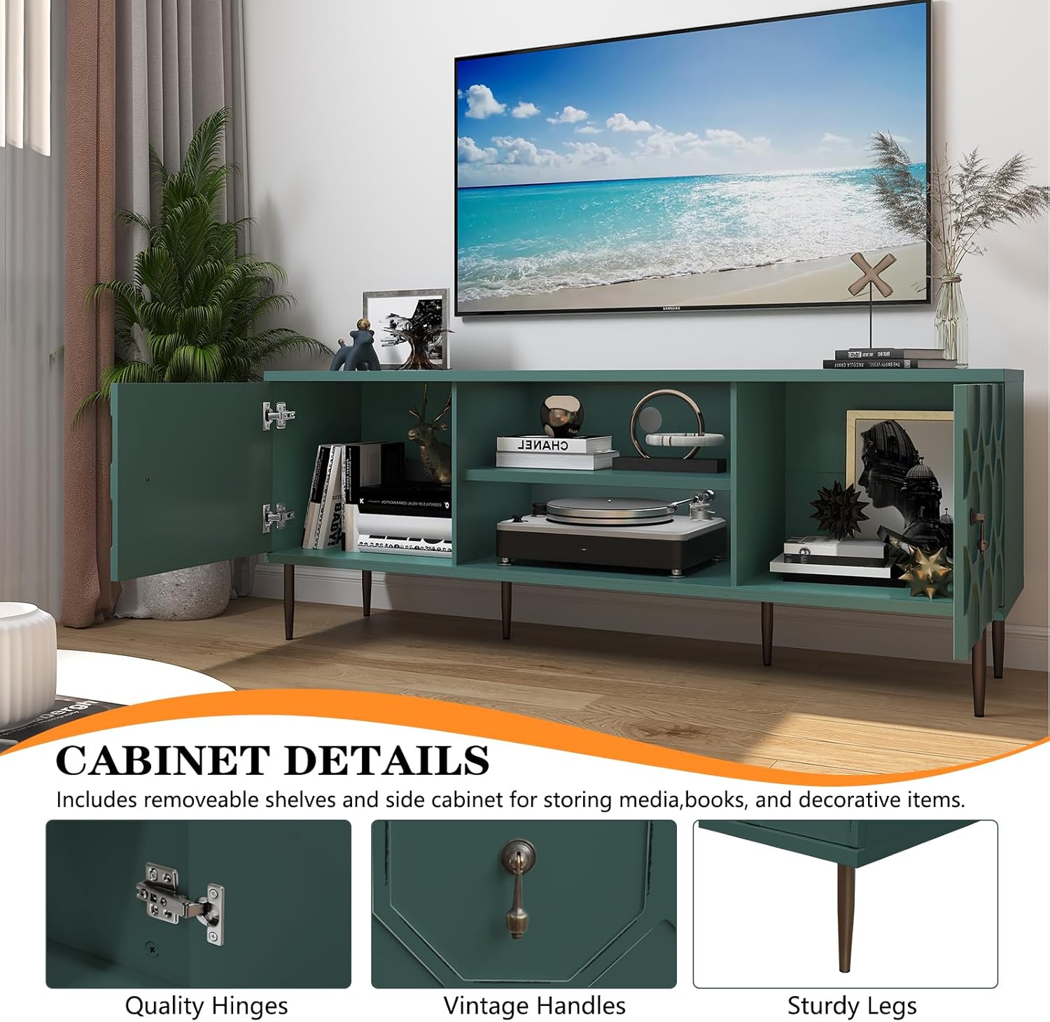 HLR® Modern TV Stand for 65/70 inch TV, Entertainment Center with Storage Cabinet&Open Shelves