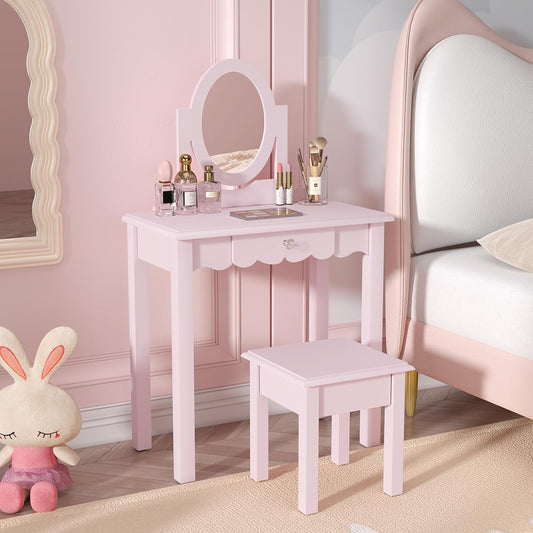 HLR® Kids Vanity, Girls Vanity Set with Mirror and Stool, Wooden 2 in 1 Princess Makeup Desk Dressing Table with Detachable Top
