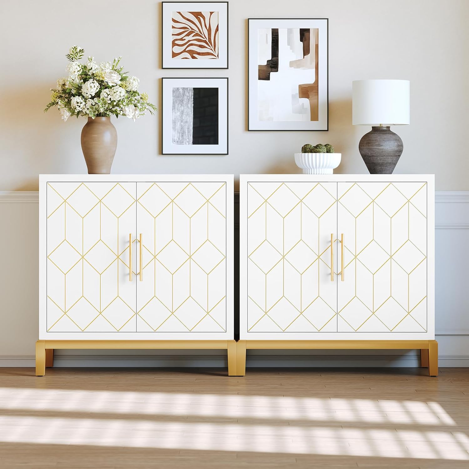 HLR® Green Accent Cabinet with Gold Trim, Storage Cabinet with 2/4 Doors