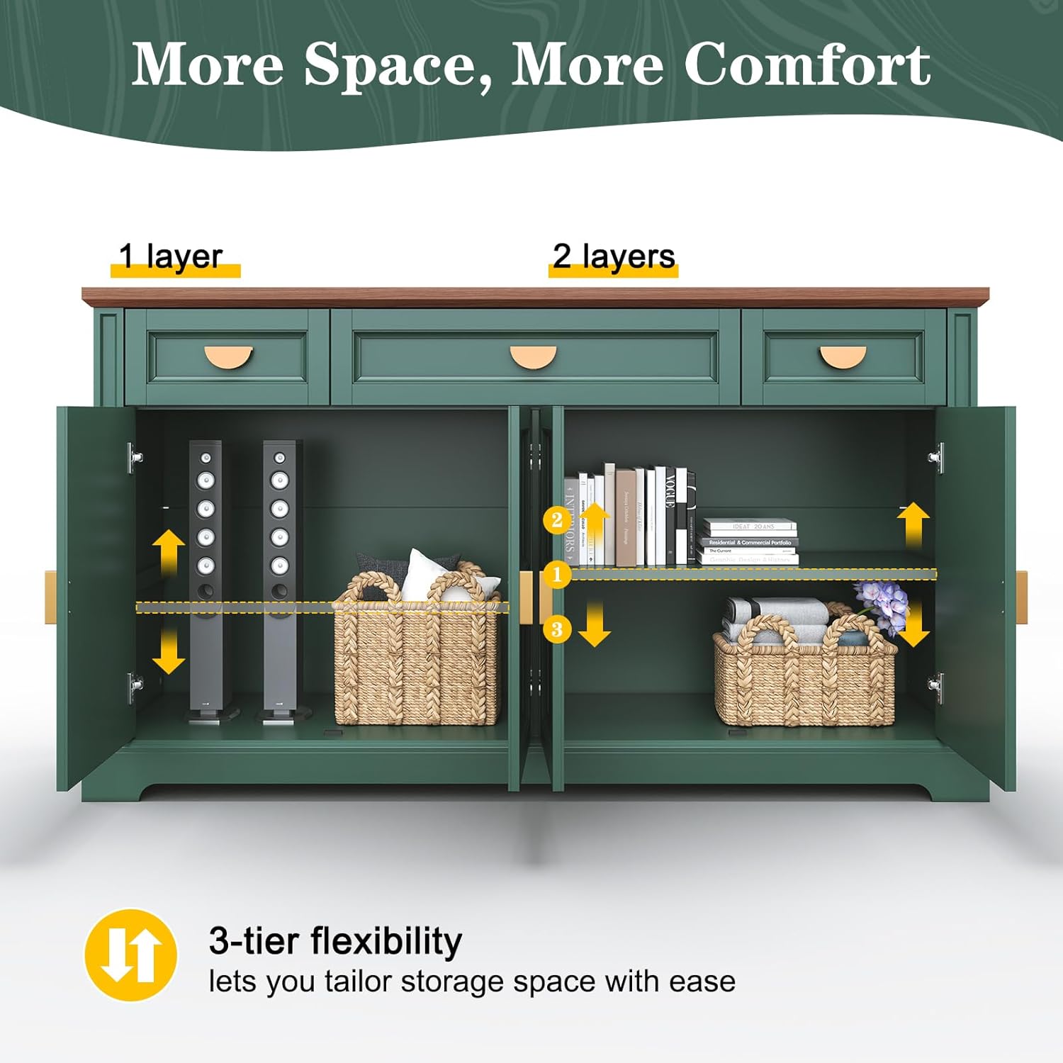 (Newest) HLR® 60” Large Buffet Sideboard Cabinet with 4 Doors and 3 Drawers Shaker Style