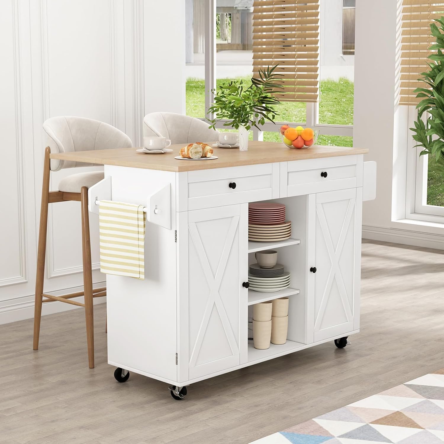 HLR® Kitchen Island On Wheels, Rolling Kitchen Island Cart with Drop Leaf Countertop