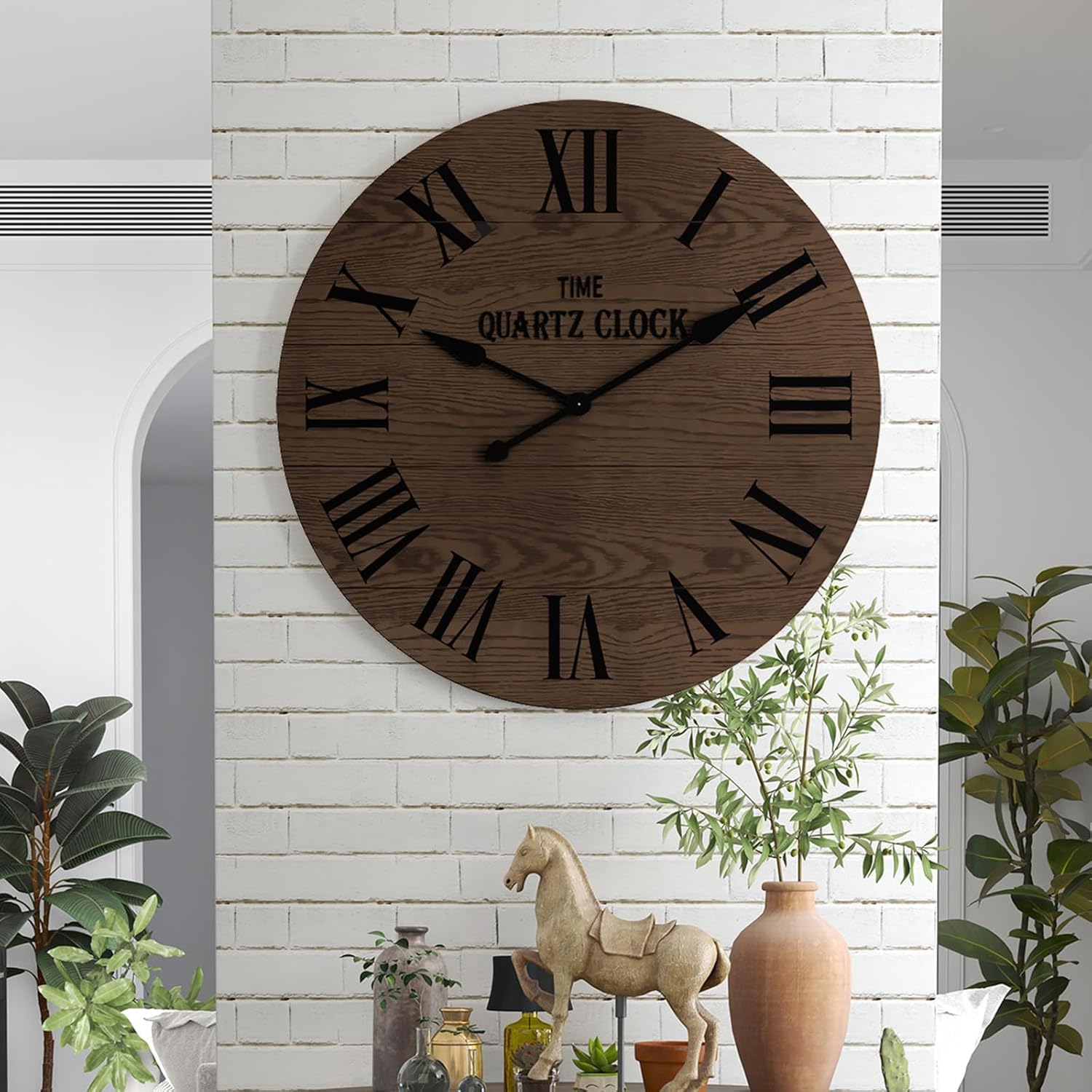 HLR® Large Farmhouse Wall Clock, 35.5” Shiplap Wall Clock with Roman Numeral, Nearly Non-Ticking, Round Wall Clocks