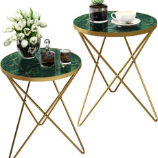 HLR® Modern Round Side Table, End Table with Marble Effect Top and Gold Metal Frame