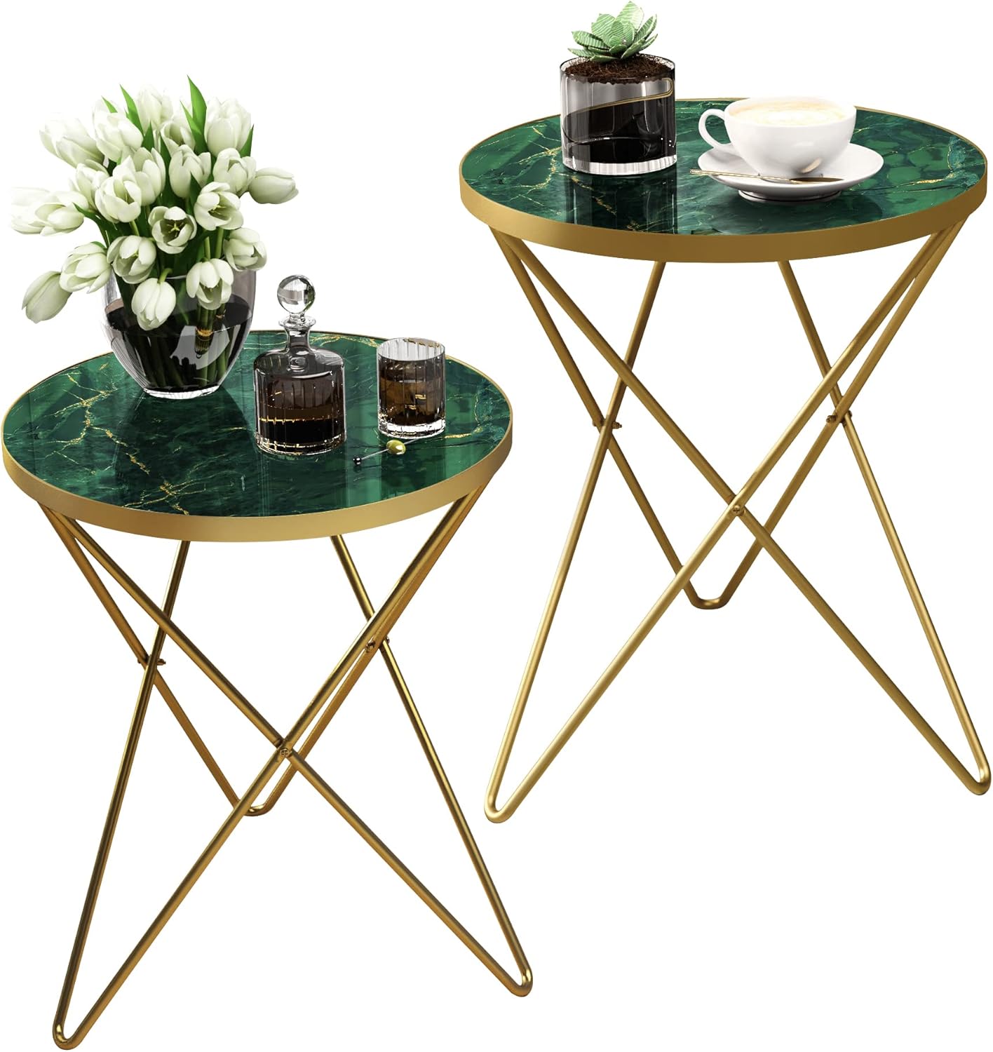 HLR® Modern Round Side Table, End Table with Marble Effect Top and Gold Metal Frame