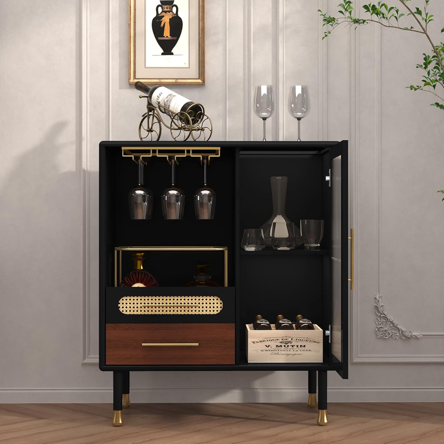 HLR® Modern Coffee Bar Cabinet with Wine Glass Rack and Drawers, Blue Liquor Cabinet