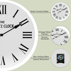 HLR® Large Farmhouse Wall Clock, 35.5” Shiplap Wall Clock with Roman Numeral, Nearly Non-Ticking, Round Wall Clocks