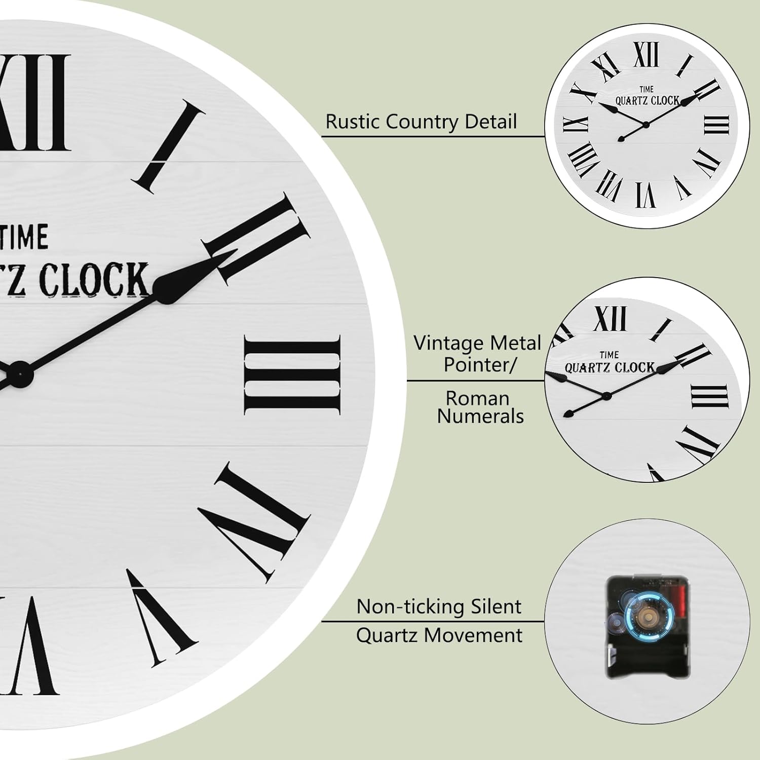 HLR® Large Farmhouse Wall Clock, 35.5” Shiplap Wall Clock with Roman Numeral, Nearly Non-Ticking, Round Wall Clocks