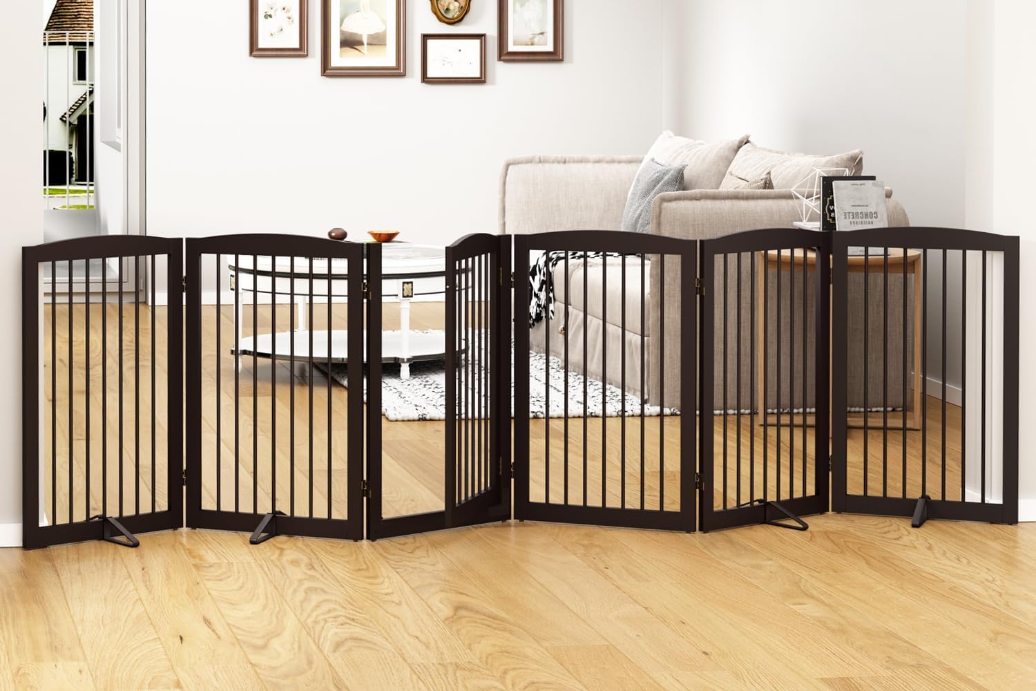 HLR® Freestanding Dog Gate with Door, Pet Gate for Stairs, 80 inch Wide Pet Barrier Indoor