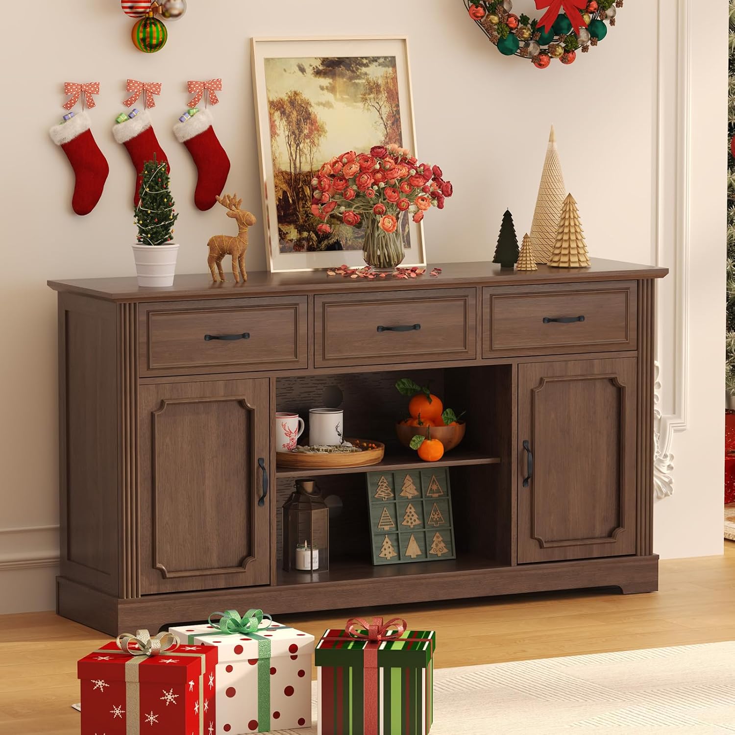 HLR® TV Stand with 3 Drawers for TV up to 65'', Wood Mid Century Television Cabinet