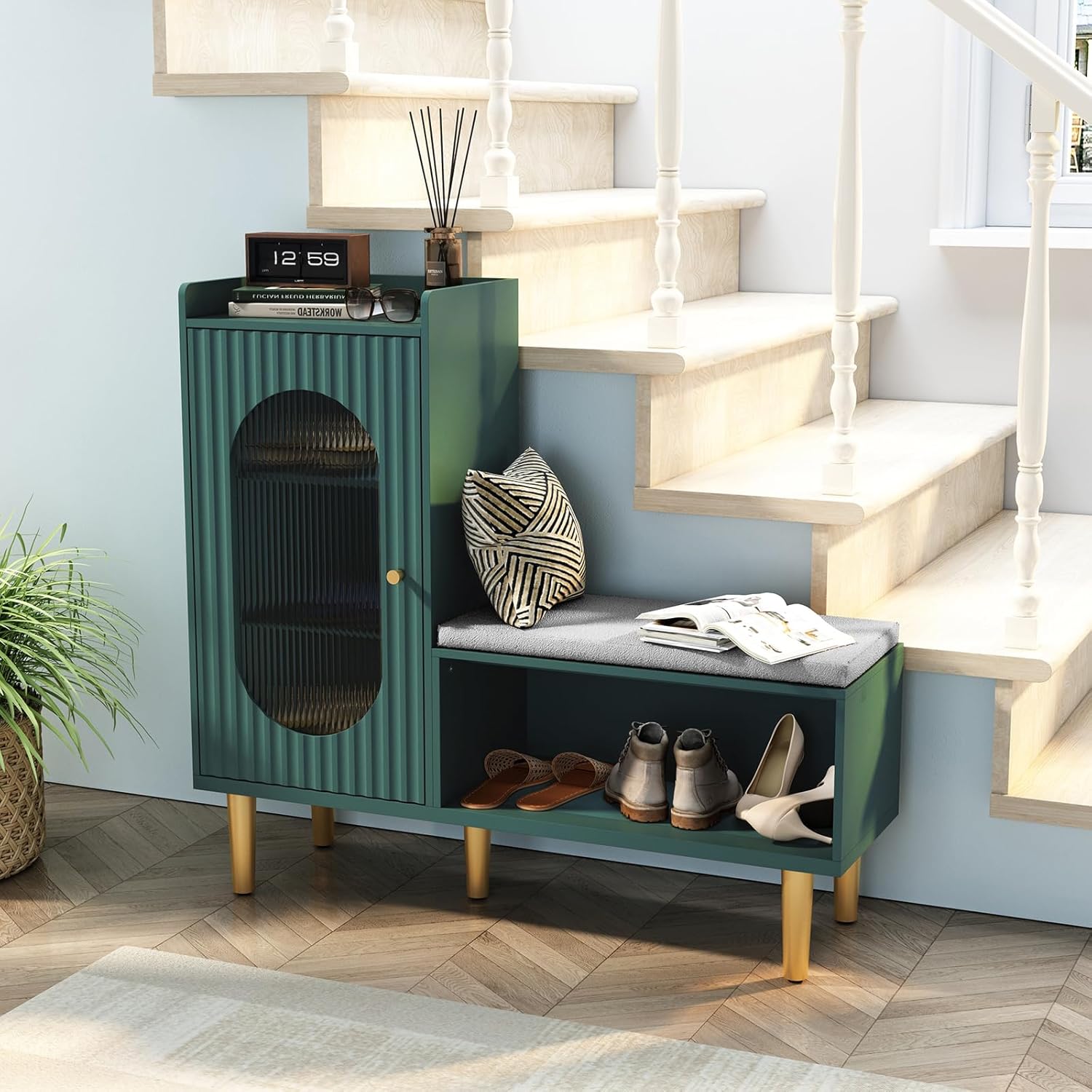 HLR® Storage Bench with Glass Door&Shelf, Modern Entryway Shoe Cabinet Bench