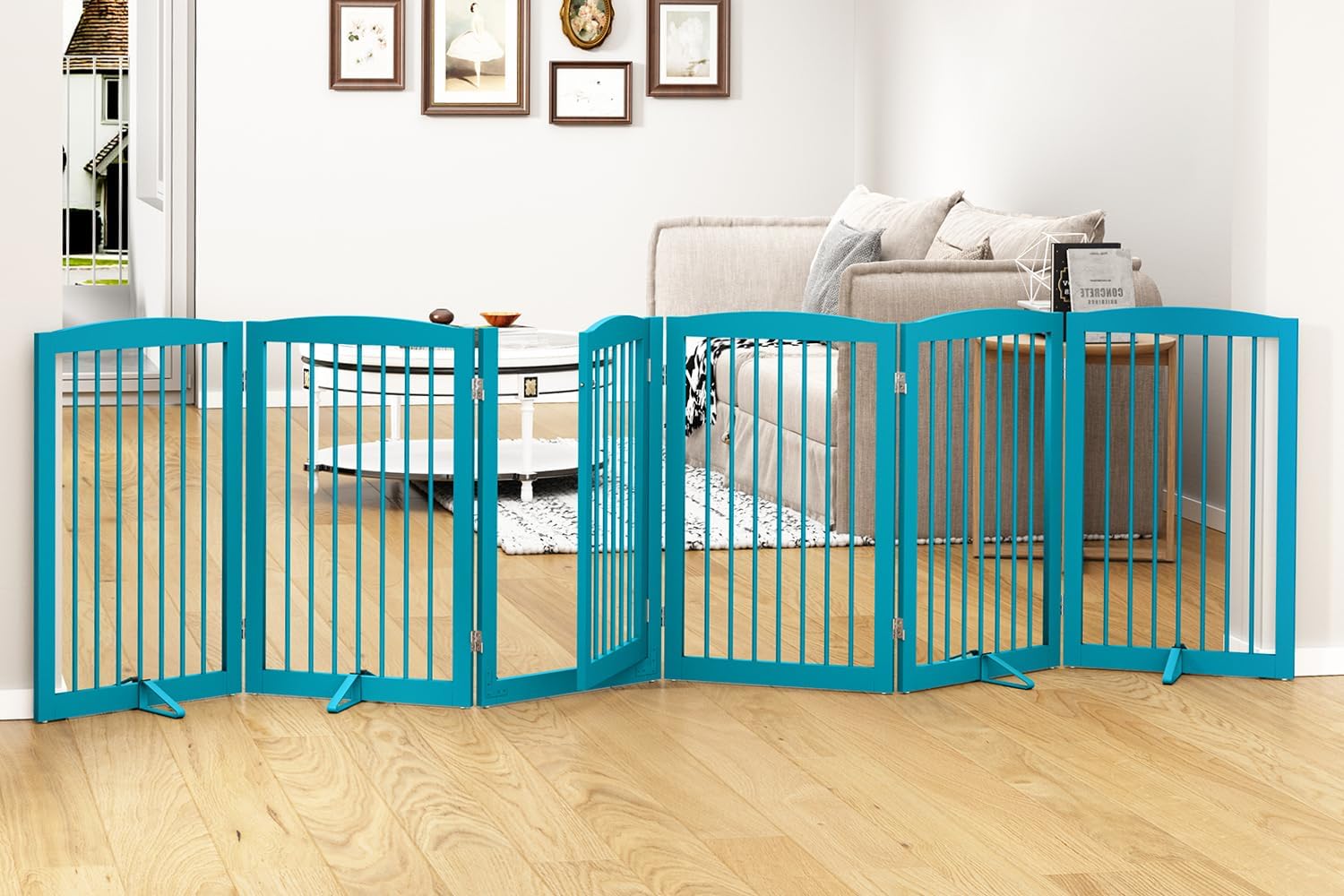 HLR® Freestanding Dog Gate with Door, Pet Gate for Stairs, 80 inch Wide Pet Barrier Indoor