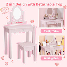 HLR® Kids Vanity, Girls Vanity Set with Mirror and Stool, Wooden 2 in 1 Princess Makeup Desk Dressing Table with Detachable Top