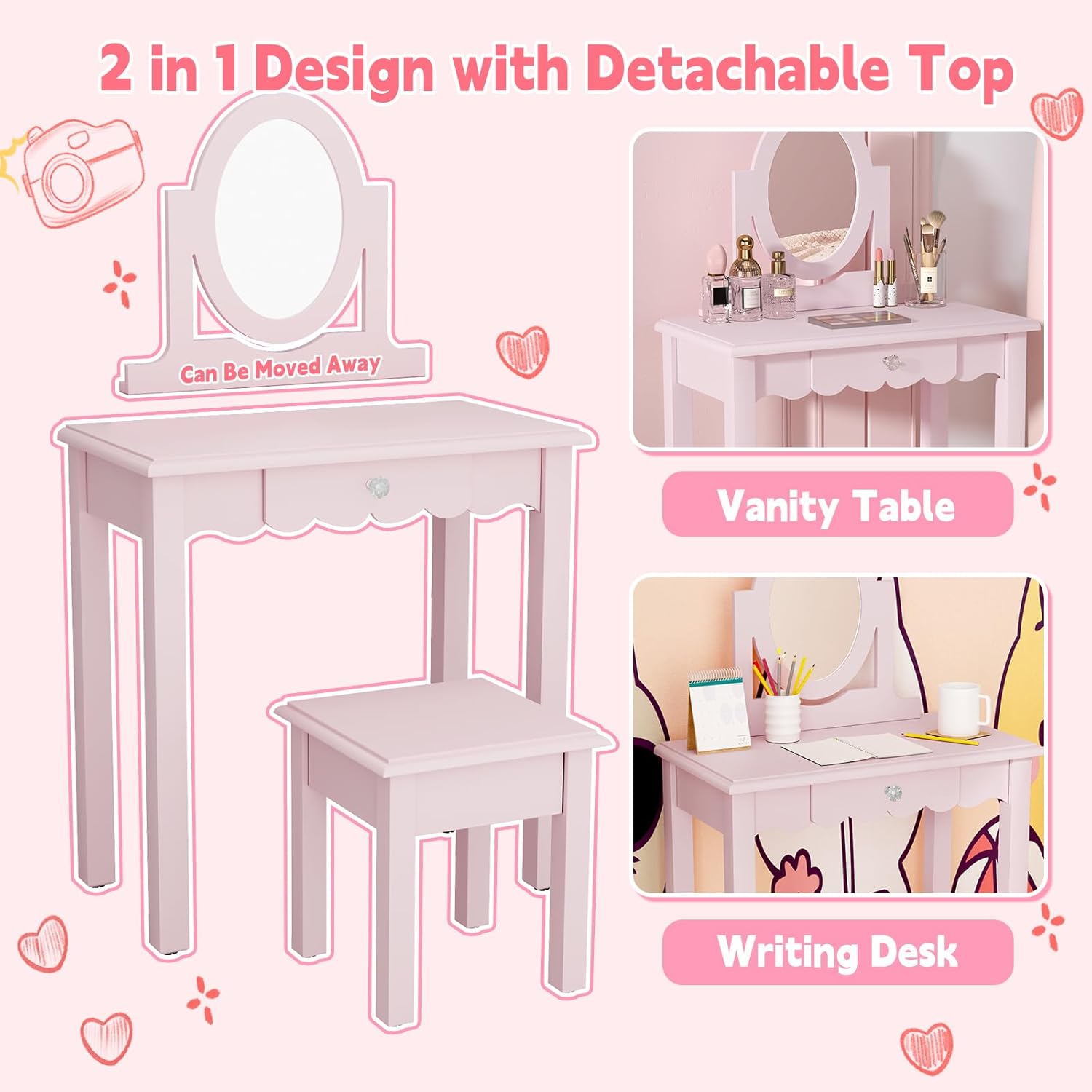 HLR® Kids Vanity, Girls Vanity Set with Mirror and Stool, Wooden 2 in 1 Princess Makeup Desk Dressing Table with Detachable Top