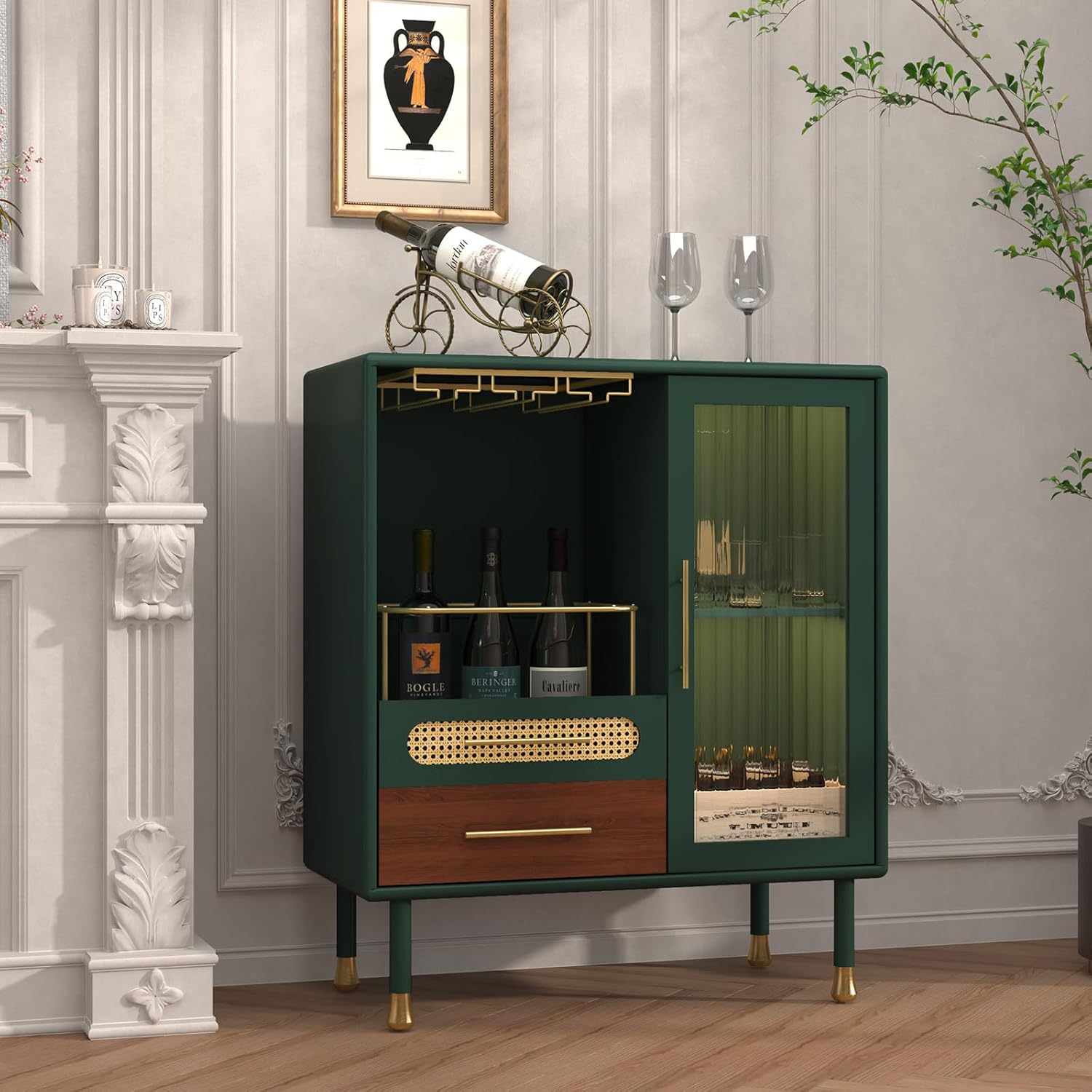 HLR® Modern Coffee Bar Cabinet with Wine Glass Rack and Drawers, Blue Liquor Cabinet