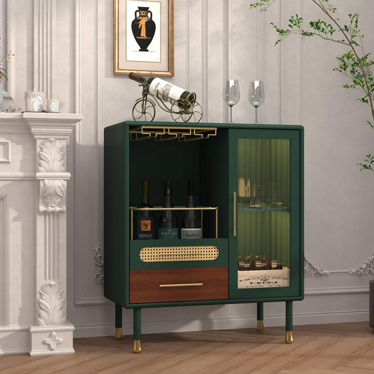 HLR® Modern Coffee Bar Cabinet with Wine Glass Rack and Drawers, Blue Liquor Cabinet