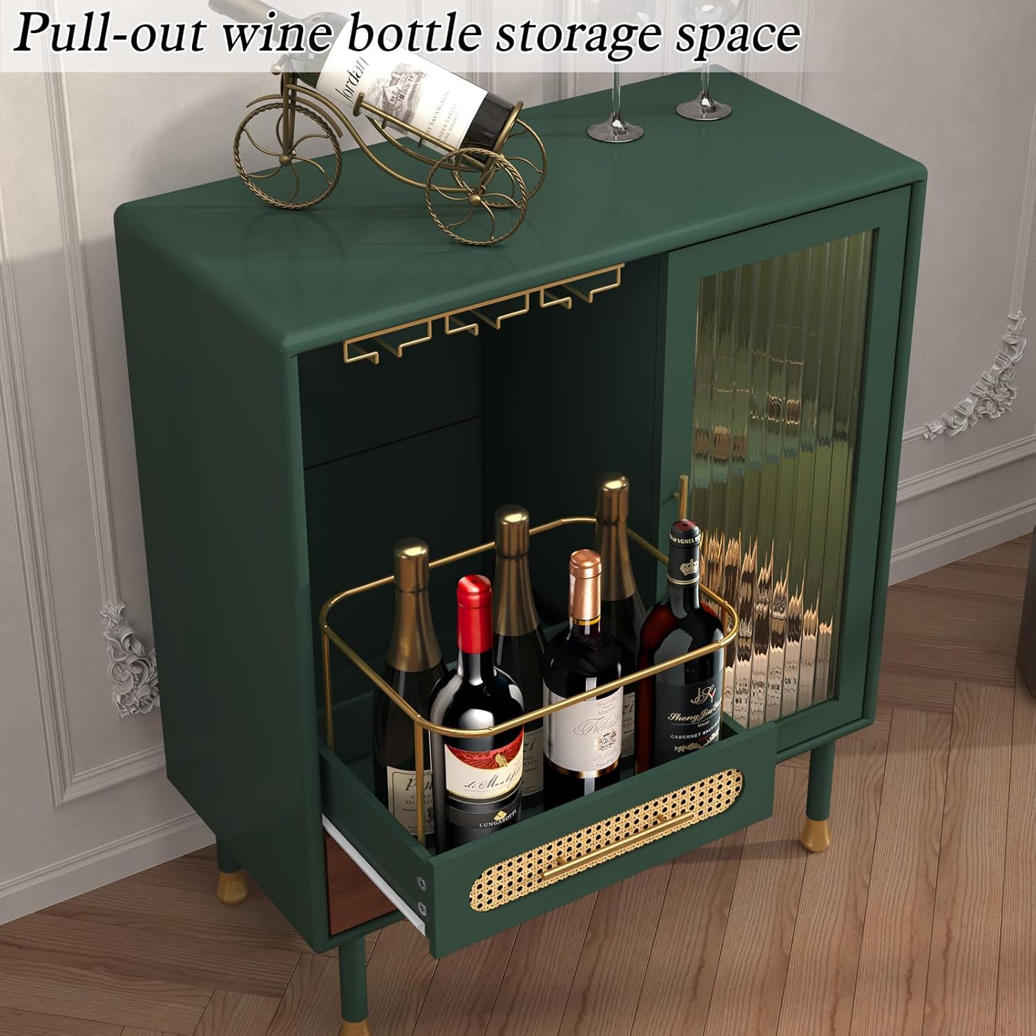 HLR® Modern Coffee Bar Cabinet with Wine Glass Rack and Drawers, Blue Liquor Cabinet