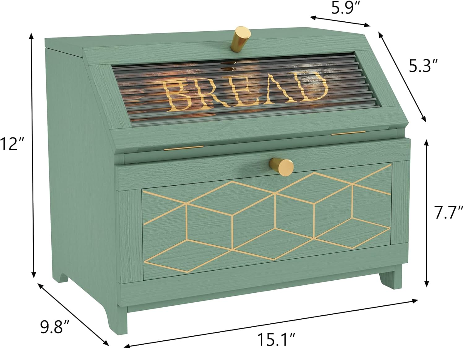 HLR® Double Layer Bread Box With Golden Trim for Countertop, Wooden Bread Container