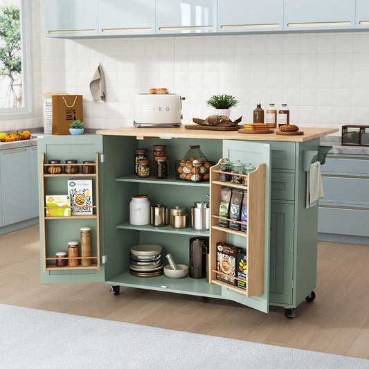HLR® Kitchen Island with Storage, Sage Green Rolling Kitchen Cart on Wheels