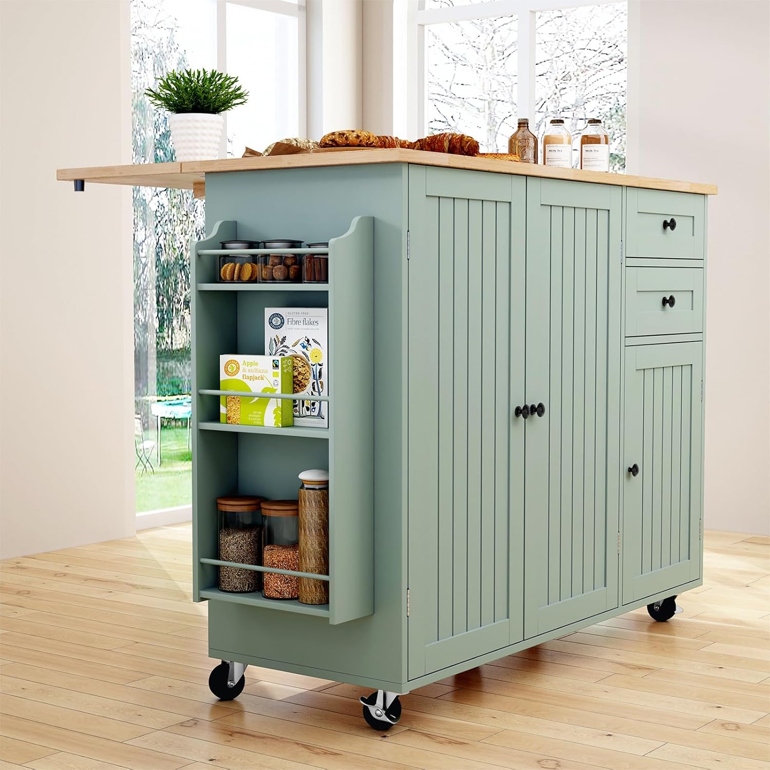 HLR® Kitchen Island with Storage, Sage Green Rolling Kitchen Cart on Wheels