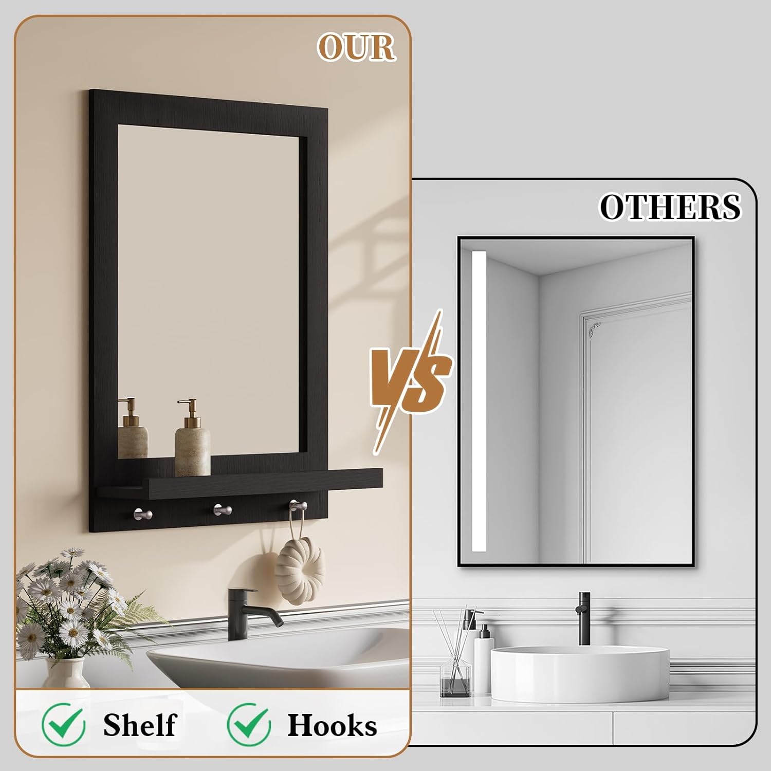 HLR® 24" x 18.5'' Wood Wall Mirror with Shelf, Rectangular Hallway Mirror with Hooks