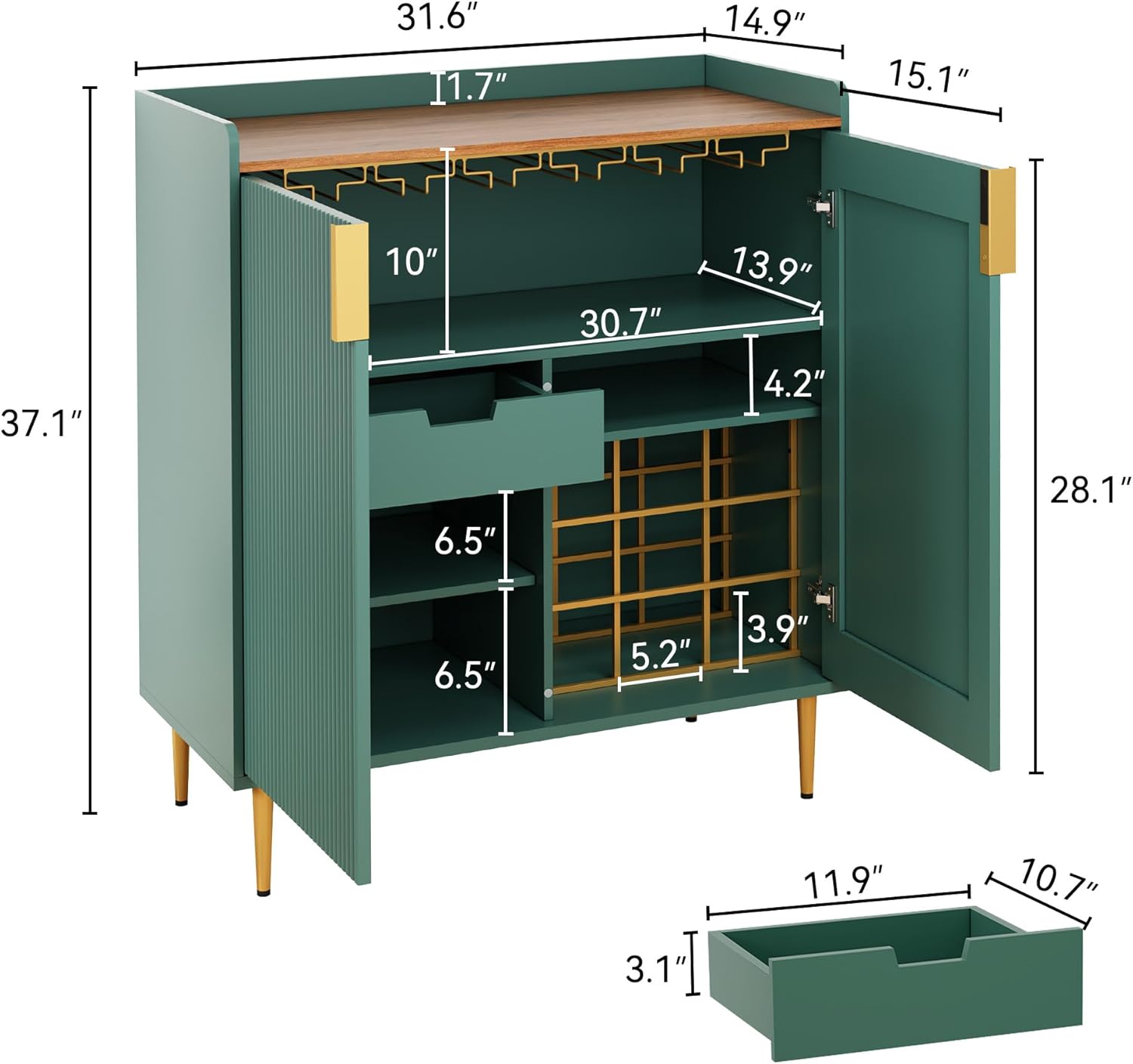 HLR® Coffee Bar Cabinet with Wine Racks, Green Liquor Cabinet with Fluted Texture