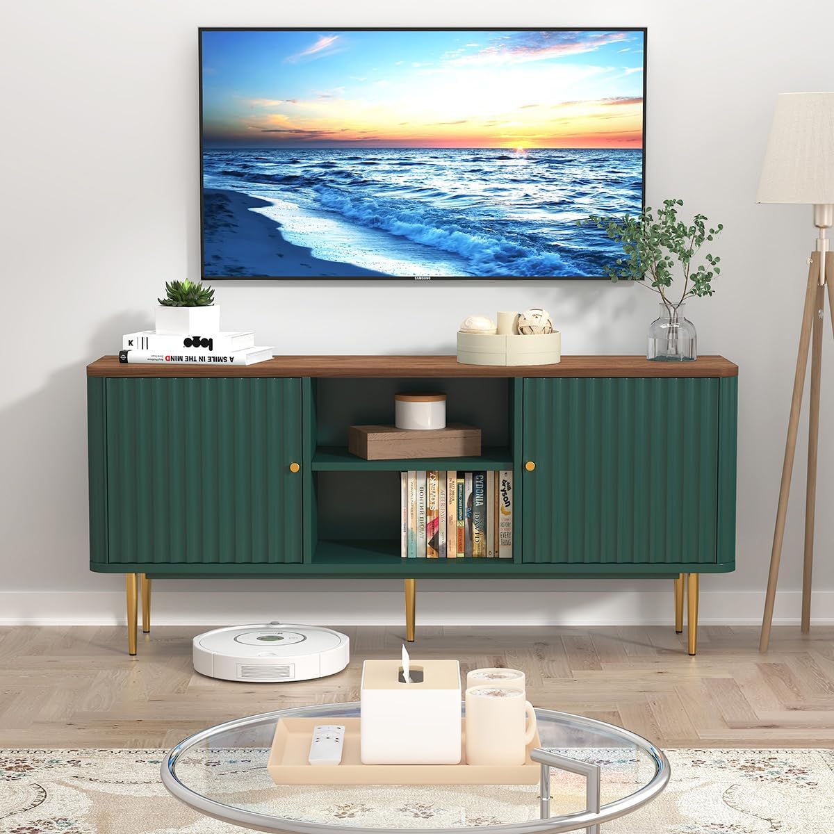 HLR® 55” Fluted TV Stand, Mid Century Modern White TV Stand for 55/60/65 inch TV