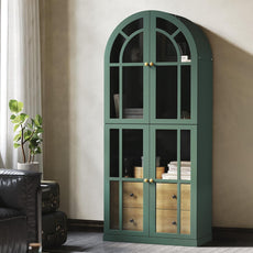 HLR® Arched Bookcase,71’’Tall Arched Cabinet with Glass Door Drawers and Shelves