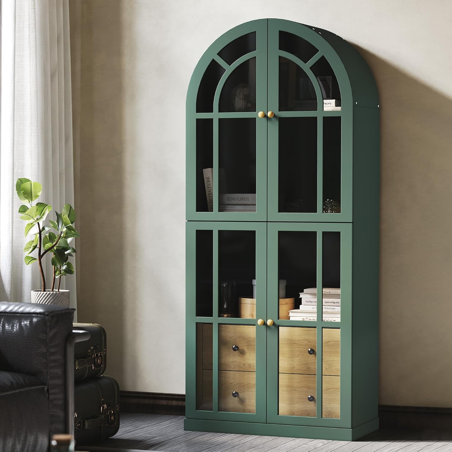 HLR® Arched Bookcase,71’’Tall Arched Cabinet with Glass Door Drawers and Shelves