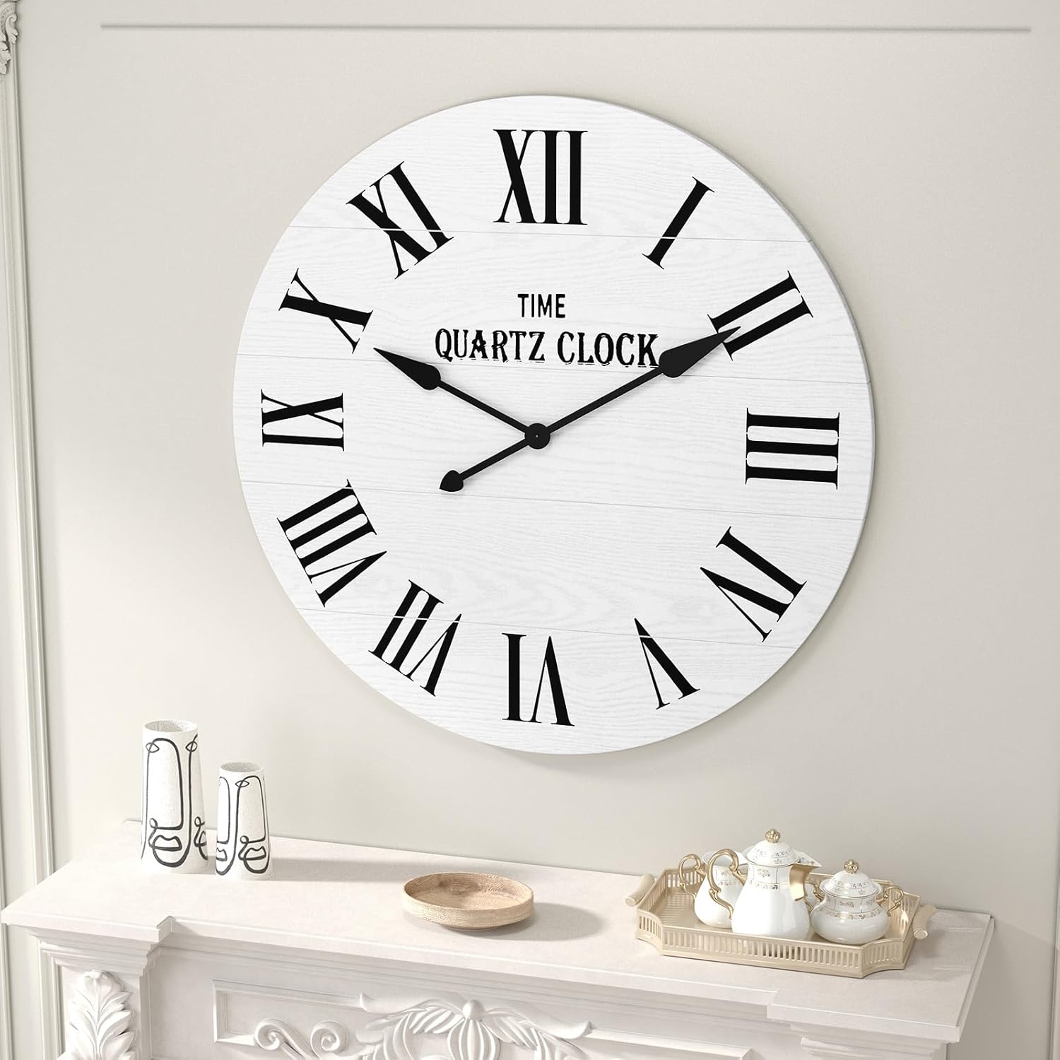 HLR® Large Farmhouse Wall Clock, 35.5” Shiplap Wall Clock with Roman Numeral, Nearly Non-Ticking, Round Wall Clocks