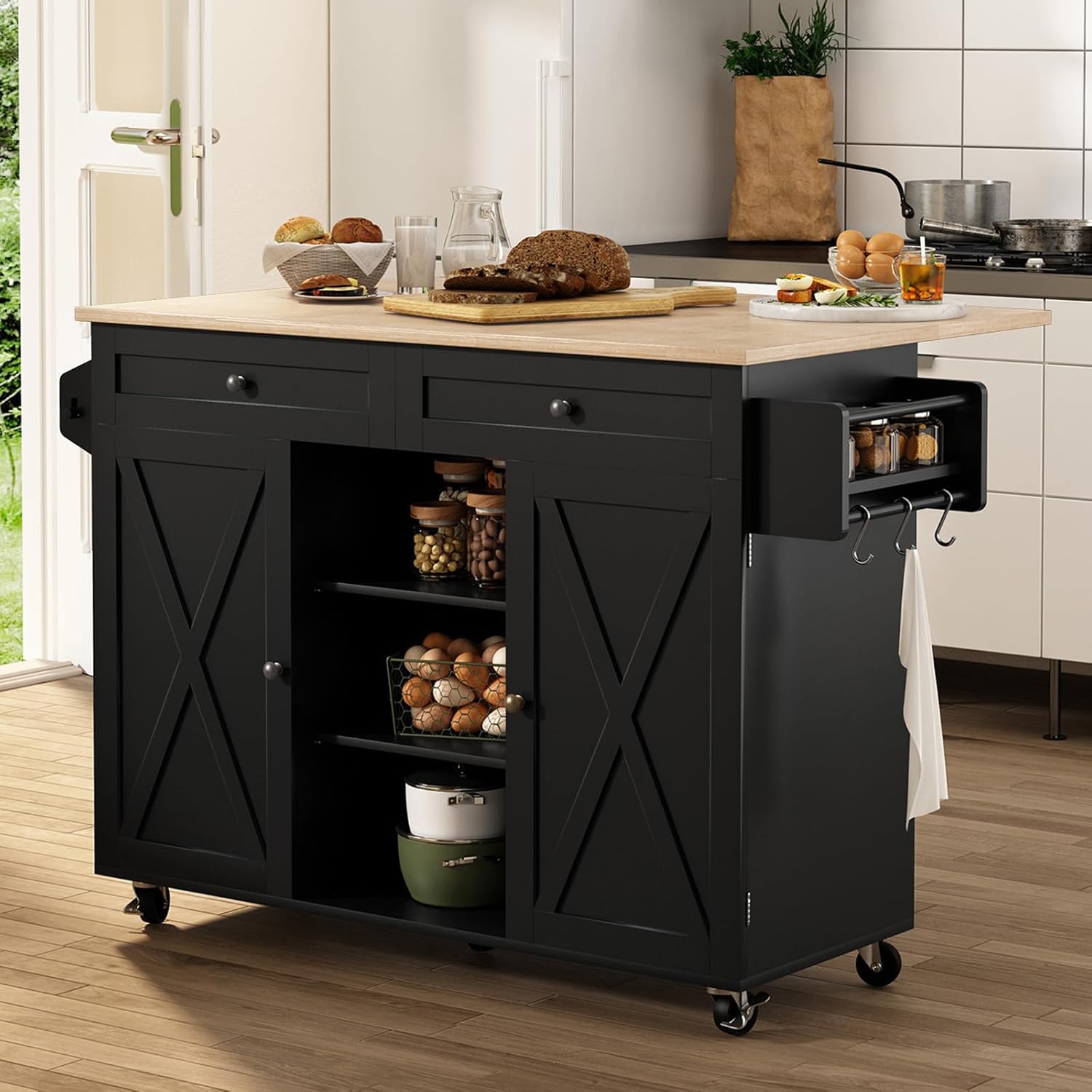 HLR® Kitchen Island On Wheels, Rolling Kitchen Island Cart with Drop Leaf Countertop