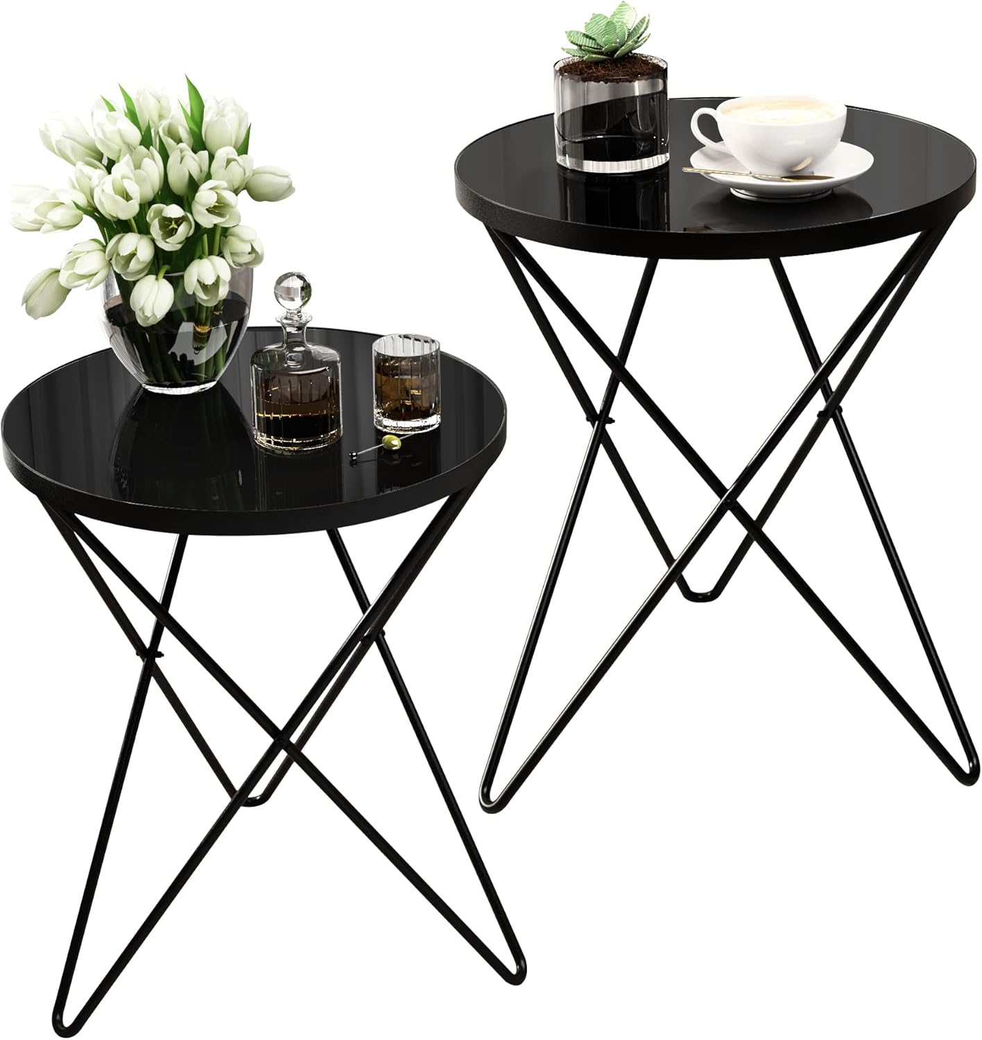 HLR® Modern Round Side Table, End Table with Marble Effect Top and Gold Metal Frame