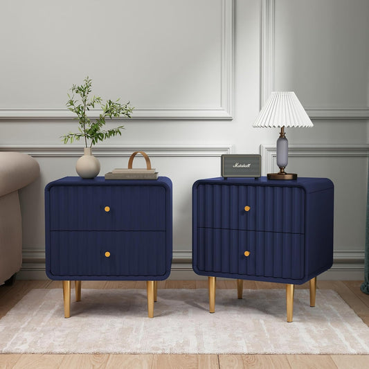 HLR® Modern Nightstand Set of 2, Fluted Bed Side Table with 2 Drawers Storage