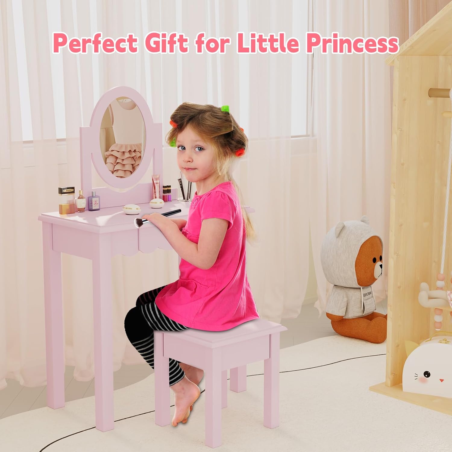 HLR® Kids Vanity, Girls Vanity Set with Mirror and Stool, Wooden 2 in 1 Princess Makeup Desk Dressing Table with Detachable Top
