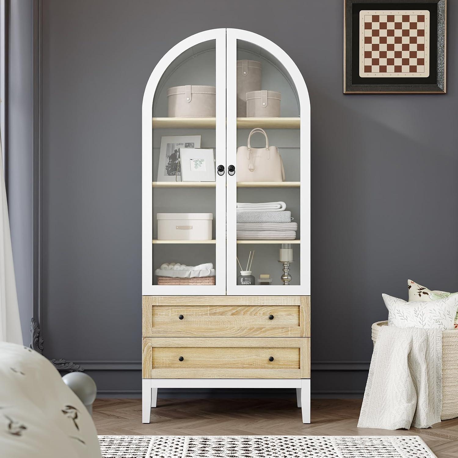 HLR® 71" Tall Arched Storage Cabinet, Modern Farmhouse White Kitchen Pantry Cabinet