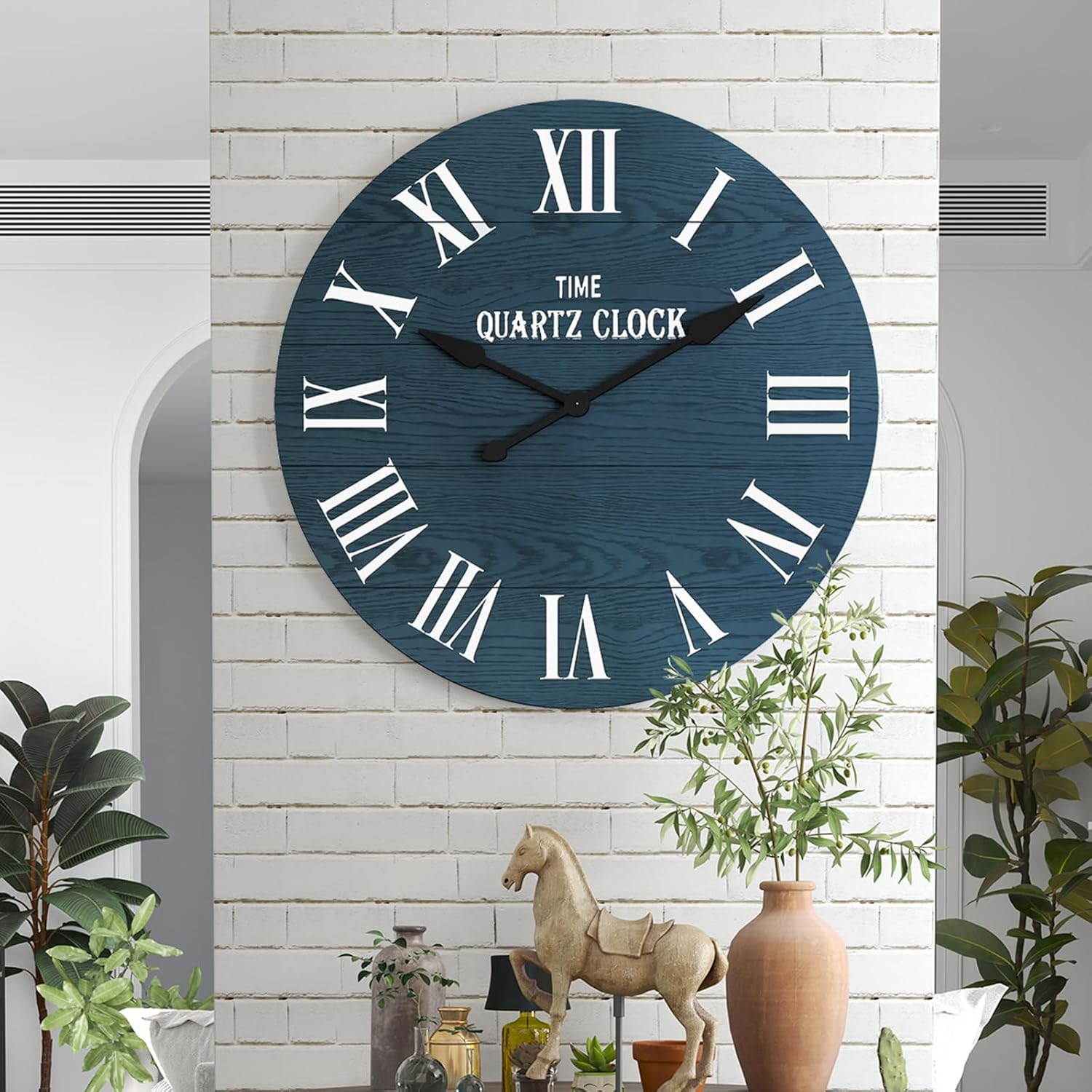 HLR® Large Farmhouse Wall Clock, 35.5” Shiplap Wall Clock with Roman Numeral, Nearly Non-Ticking, Round Wall Clocks