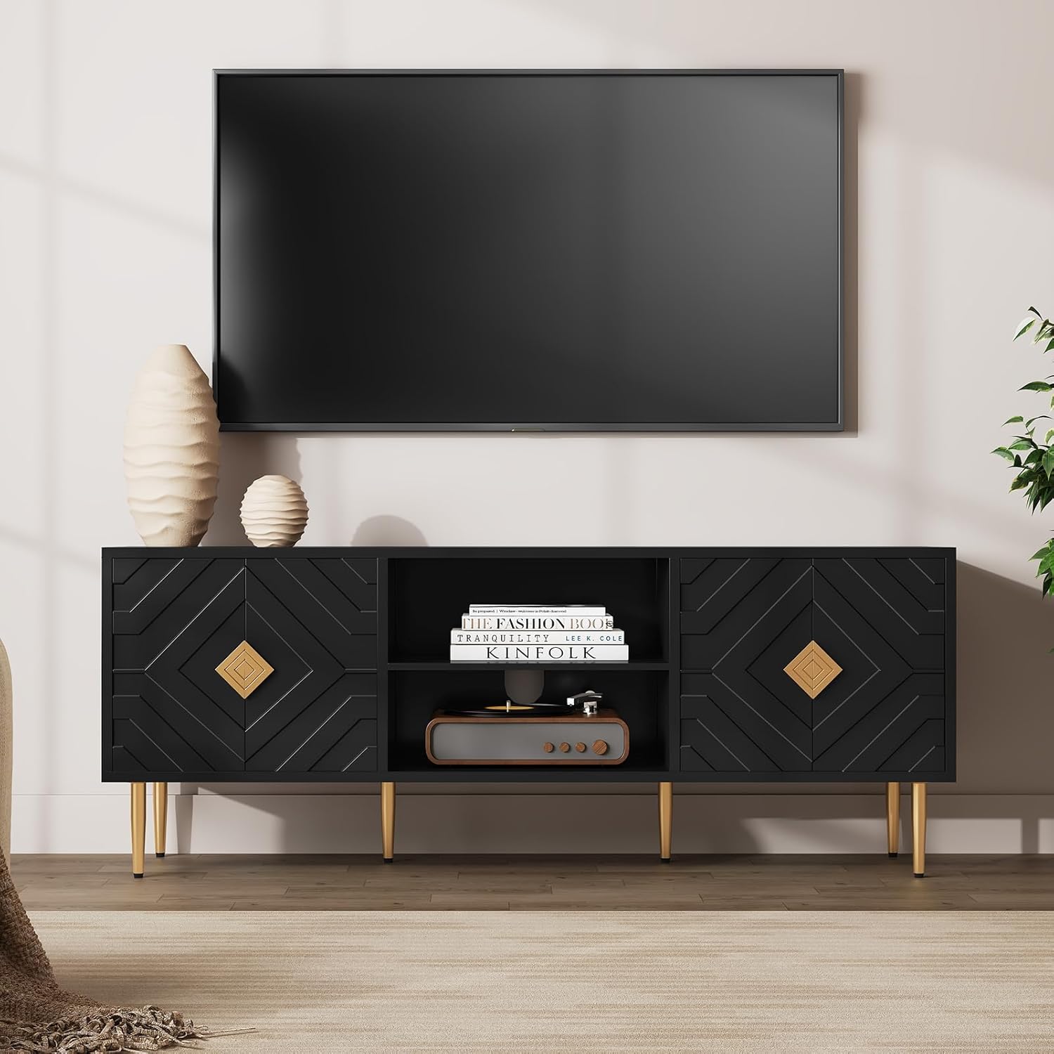 HLR® Modern TV Stand for 65/70/75 inch TV, Entertainment Center with Storage Cabinet