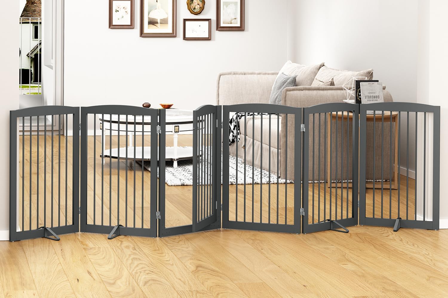 HLR® Freestanding Dog Gate with Door, Pet Gate for Stairs, 80 inch Wide Pet Barrier Indoor