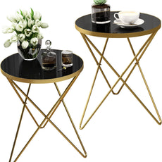 HLR® Modern Round Side Table, End Table with Marble Effect Top and Gold Metal Frame