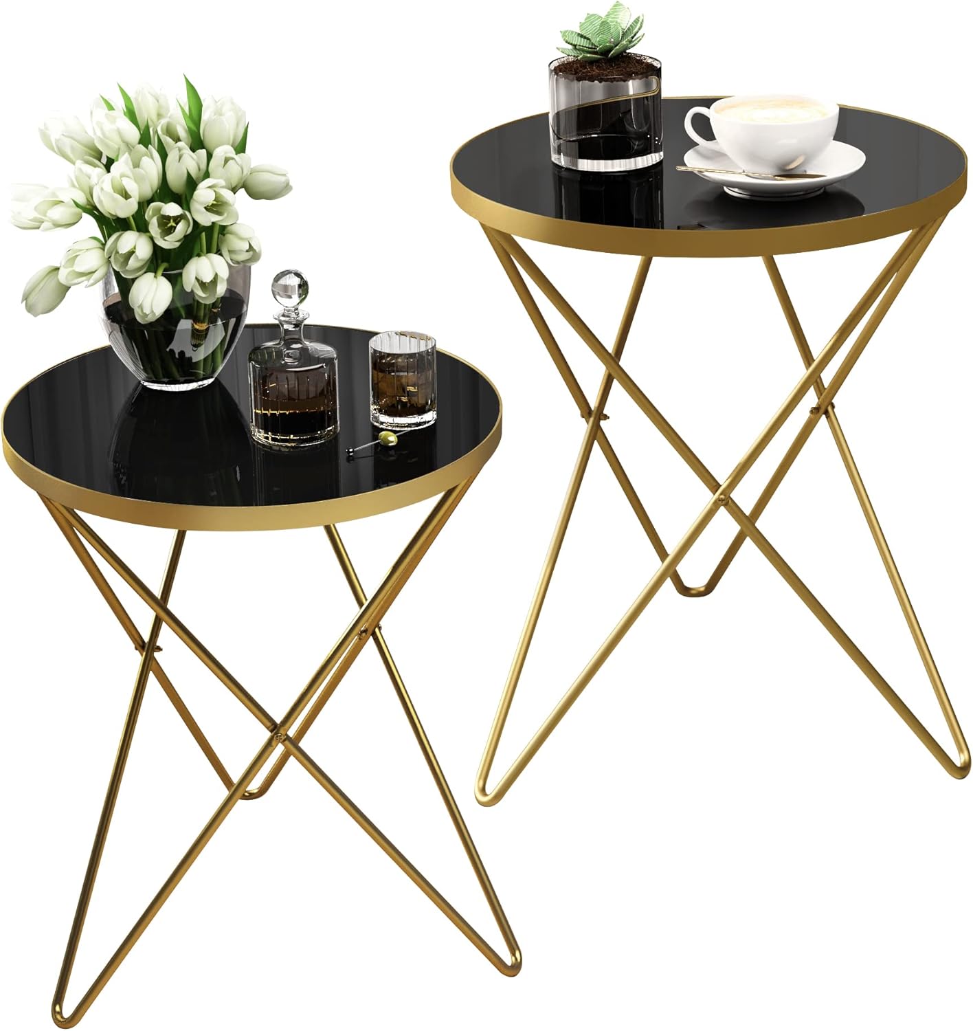 HLR® Modern Round Side Table, End Table with Marble Effect Top and Gold Metal Frame